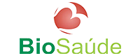 Logo da Bio Saúde com fonte verde e bola vermelha com coração no centro acima