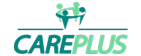 Logo do Care Plus com fonte verde e símbolo de 4 pessoas dando as mãos acima