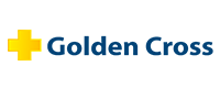 Logo do Golden Cross com fonte azul escura com cruz amarela ao lado
