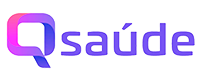Logo do Saúde com fonte roxa e balão de conversa roxo e rosa ao lado